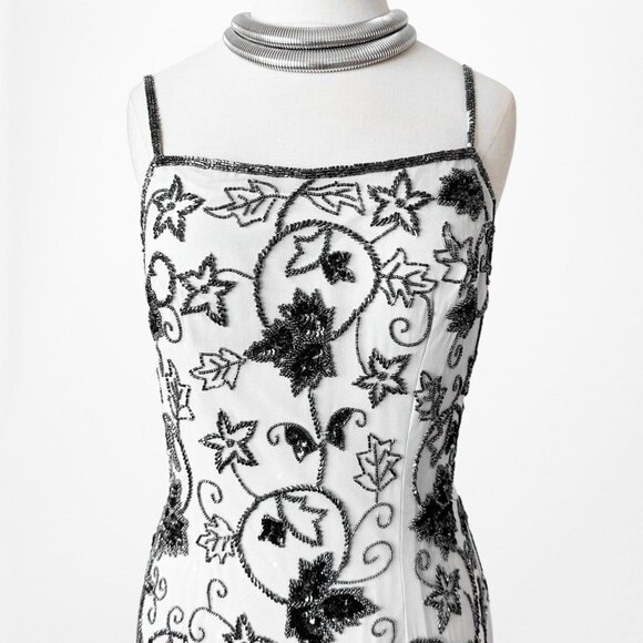 Vintage Gray Black Floral Beaded Silk Bodycon Side Slit Maxi Prom Dress Size S - Picture 5 of 9